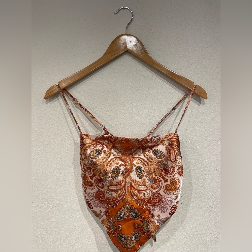Silky bandana top. Burnt orange paisley print.